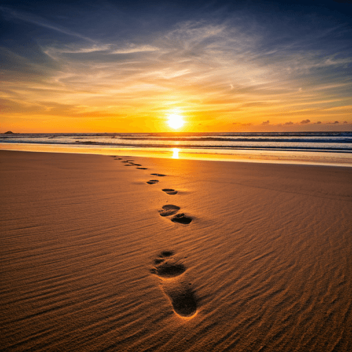 Footprints in the sand at sunset